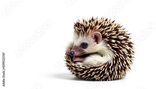 Tiny hedgehog curled in a ball, isolated on pure white background, nature, ball, closeup