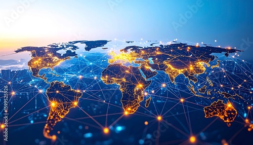 Worldwide network of light, orange and blue streams linking continents.
