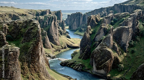 Majestic river winding through a dramatic canyon of towering rocks.