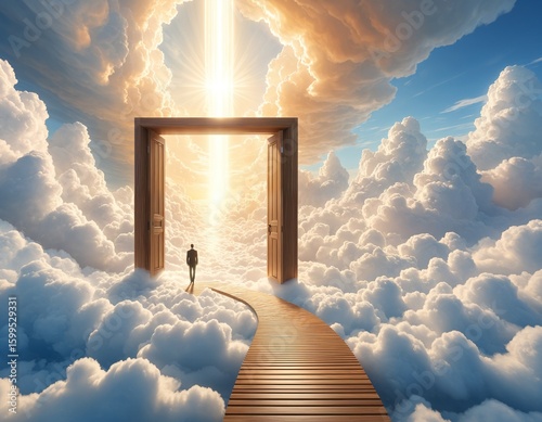 walking through a wooden entrance to heaven made of light in the clouds