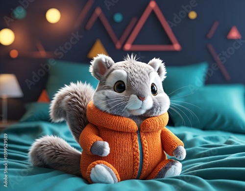 Kawaii squirrel plush, abstract geometric gradients, geometric shapes, circle, triangle
