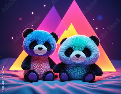 Kawaii bear plush, psychedelic abstract geometric gradients, geometric shapes, circle, triangle