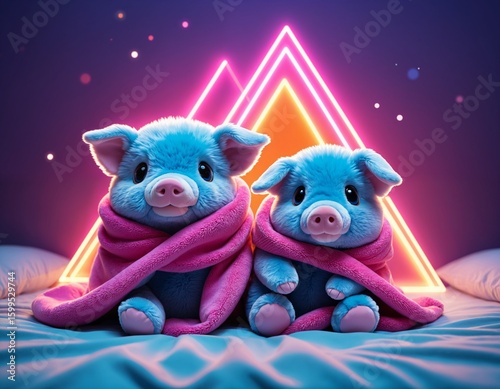 Kawaii pigs plush, psychedelic abstract geometric gradients, geometric shapes, circle, triangle