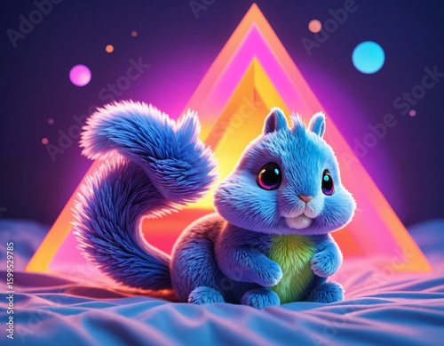 Kawaii squirrel plush, psychedelic abstract geometric gradients, geometric shapes, circle, triangle