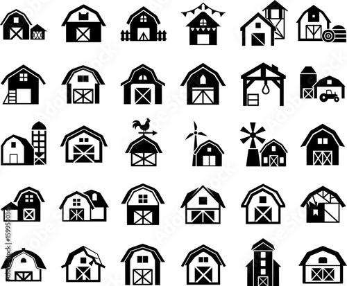 Various traditional barn and farm building designs for rural and agricultural themed graphic or web projects