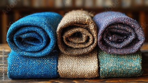 Rolled Up Fabrics: A Textured Display of Blue, Brown, and Purple Textiles