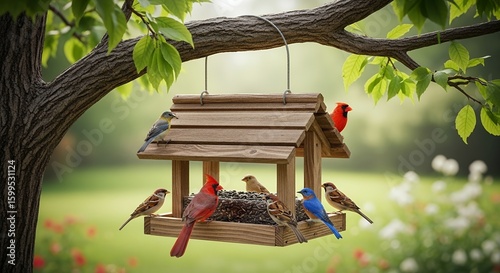 Birds feeding at wooden bird feeder in garden
