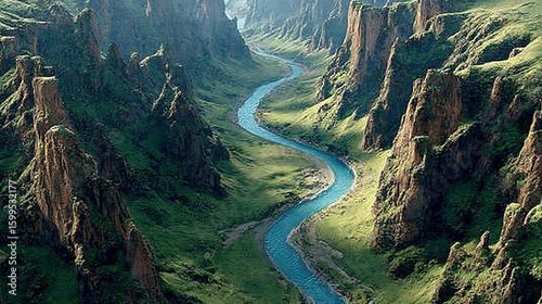 Scenic river winding through a valley between tall, rocky mountains.