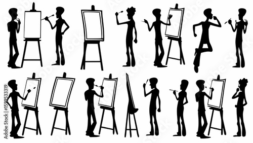 Silhouette illustration of artists painting on easels in various poses and artistic expressions style art