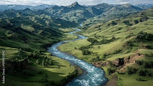 Serene river meandering through a valley of rolling hills.