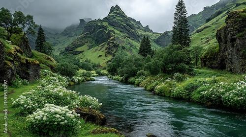 A tranquil river winds through a lush valley nestled amongst green mountains.