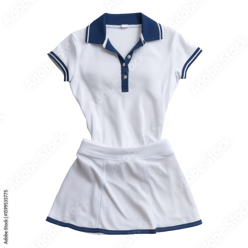 Classic white and blue tennis sport uniform with polo shirt and skirt. This stylish female activewear outfit for match