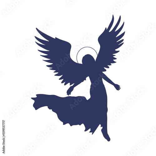 Fantasy woman angel soars in the air with huge bird wings. Girl in levitation flies. Lady goddess in dress, fabric waving fluttering in motion