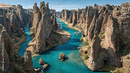 Azure river winding through towering rock formations.