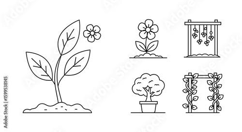 Illustration showcasing various plants including flowers, potted tree, and foliage vine archways