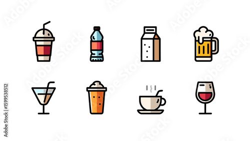 Assortment of eight beverage icons including juice, water, milk, beer, coffee, and wine images