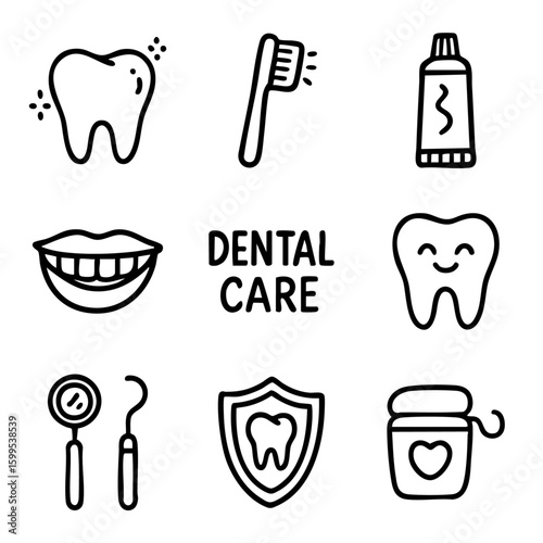 A set of doodle line icons showing dental care, oral hygiene tools, healthy teeth, brushing habits, flossing, and dentist equipment
