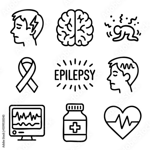 A set of doodle line icons related to epilepsy, seizures, brain activity, awareness symbols, medication, monitoring, and neurological care