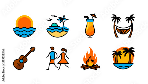 Collection of summer themed icons featuring beach, cocktail, guitar, and campfire elements arranged nicely