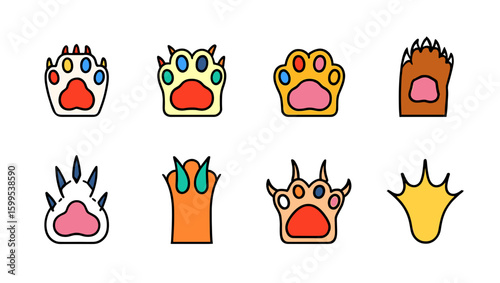 Collection of cartoon animal paw prints with various shapes and toe arrangements displayed together