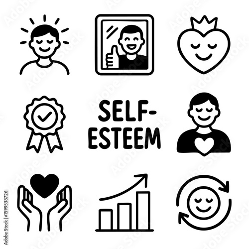 A set of doodle line icons representing self-esteem, confidence, emotional wellness, self-love, positivity, motivation, and mental growth