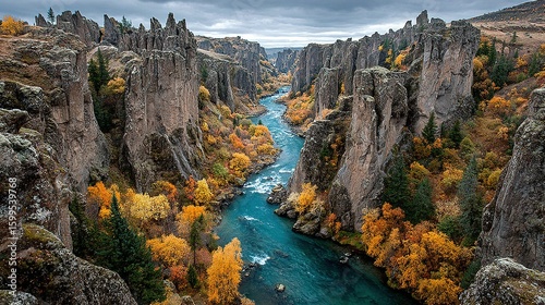 Autumn colors paint a dramatic river canyon.