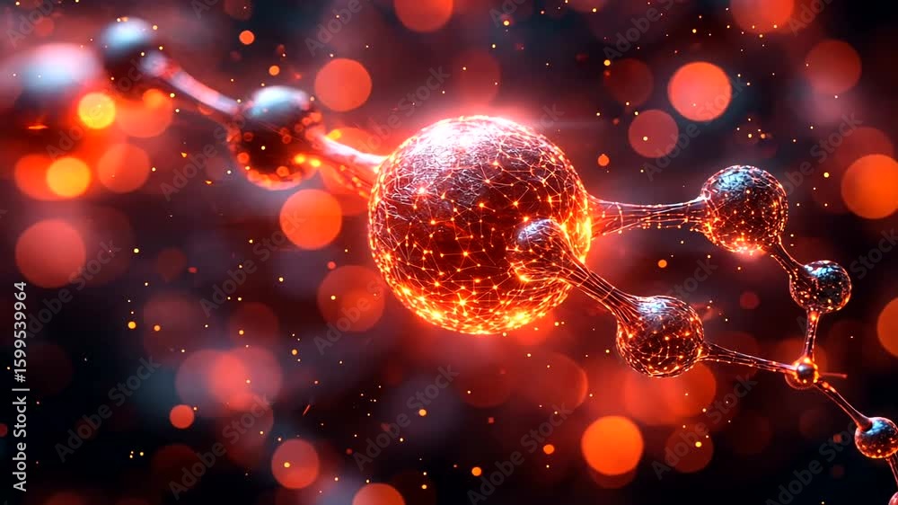 Molecular structure visualization with vibrant red bokeh lights for science and technology