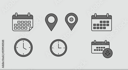 Collection of grey icons representing time management, scheduling and locations visually