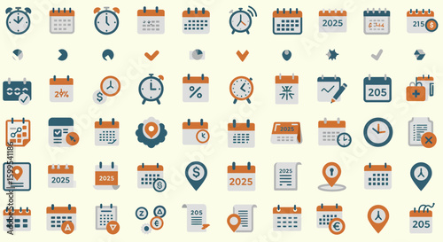 Diverse icon set representing time management, scheduling and business planning tools