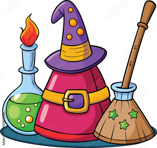 Cute Witch Hat with Potion Bottles and Broom Cartoon Halloween Illustration