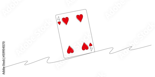 Minimalist Line Art of Four of Hearts Playing Card with Red Heart Symbols on White Background