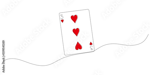 Minimalist Line Art of Three of Hearts Playing Card with Red Heart Symbols on White Background