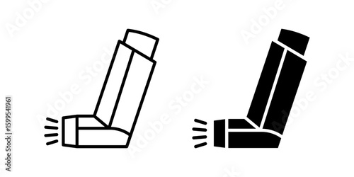 Inhaler icon set. Black and white simple line art illustration of an inhaler for asthma and respiratory illness, in both outline and solid black styles.