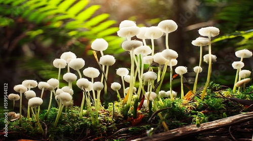 A shallow glass dish cradling moist sphagnum moss and delicate white mushrooms glistening with water droplets, nestled on a weathered forest stump under dappled sunlight.