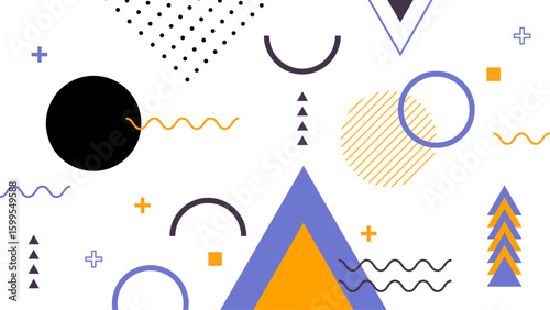 Abstract geometric design suitable for backgrounds, digital art, posters, and print projects requiring vibrant and modern visuals with various shapes and colors.