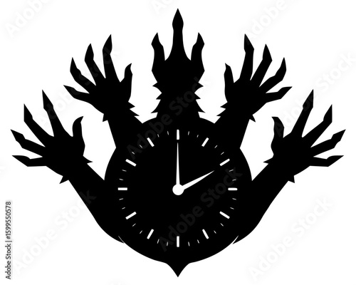 A surreal black and white illustration of a clock face with multiple monstrous