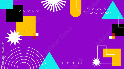 Colorful abstract geometric shapes on a purple background. Ideal for modern design projects needing vibrant, eye catching visuals. Perfect for digital presentations and web graphics.