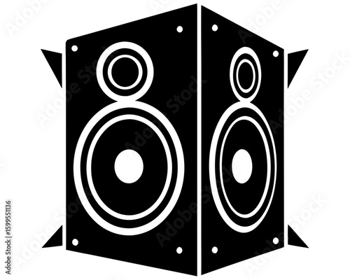 A black silhouette of two modern audio speakers with large woofers and smaller