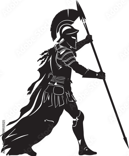 A black and white silhouette of a Spartan warrior holding a spear, wearing a helmet and armor, against a white background.