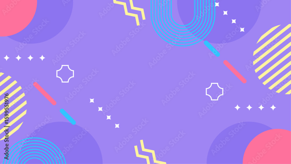 Fototapeta premium Background with colorful geometric shapes on purple for designs needing a vibrant and modern touch, perfect for digital presentations or artistic projects.