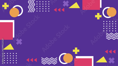 Purple background with colorful geometric shapes, great for graphic design projects, website backgrounds, and social media content needing a vibrant look.