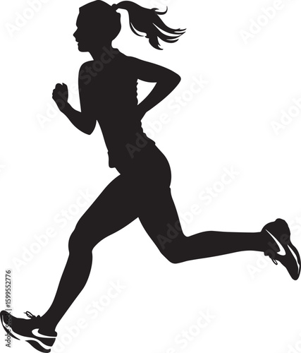 A black and white silhouette of a female runner against a white background.