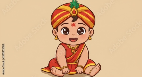 Cute Cartoon Indian Baby Sitting and Smiling – Traditional Ethnic Clothes in Bright Colors with Gold Accents, Big Eyes and Soft Features, Flat Vector Style for Kids’ Books, Products, and Greeting Card