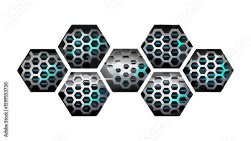 Illustration of seven interlocking hexagons with honeycomb patterns and blue accents forming a design