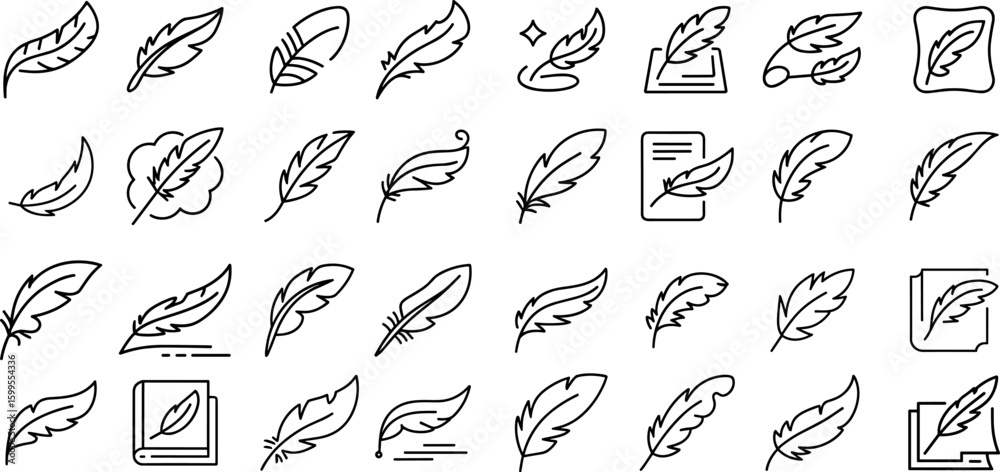 Fototapeta premium Feather icon Set. Black quill feather silhouette vector illustration