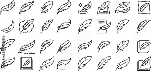 Feather icon Set. Black quill feather silhouette vector illustration
