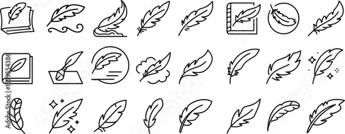 Bird Feather Silhouettes icon Set. Black quill feather silhouette vector illustration