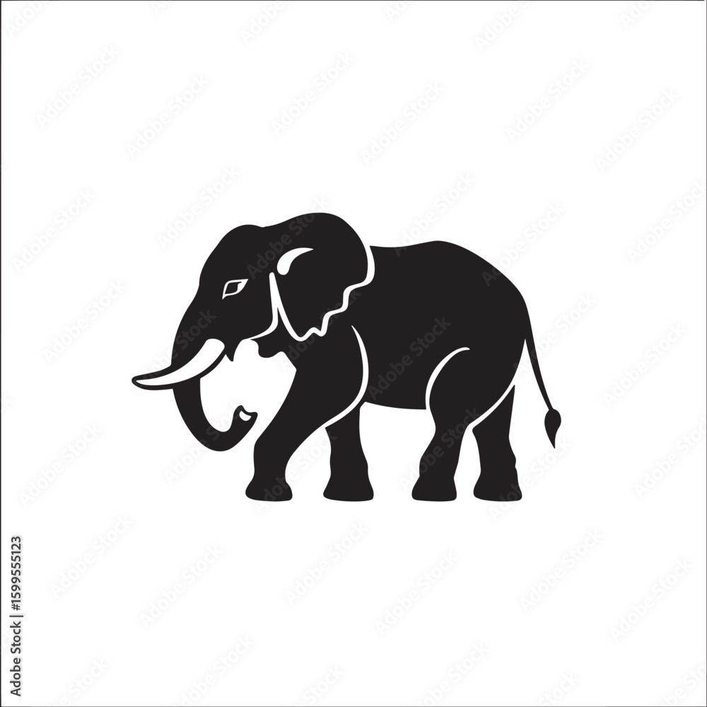 Fototapeta premium A black and white illustration of an elephant standing on a white background.