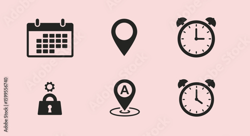 Essential icons collection calendar, location pin, time management symbols set vector