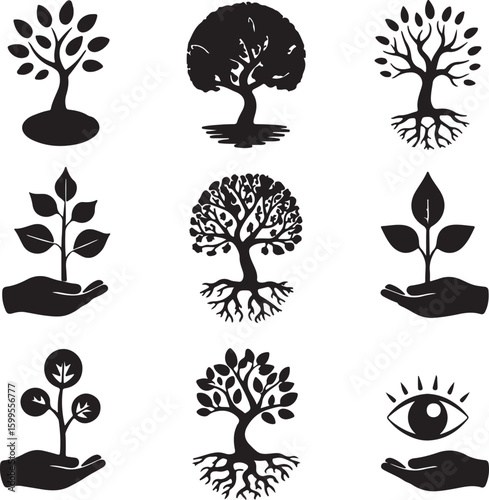 Black silhouette trees and plants held in hands and an eye symbol growth nature